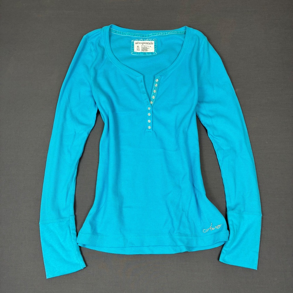 Y2K Aeropostale Long Sleeve Henley Top Women's Size Small Blue